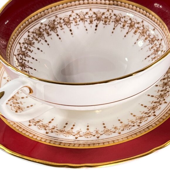 Royal Worcester Regency Red Cream Soup Cup Saucer Set Ruby Gold Trim Bone China - Picture 3 of 12